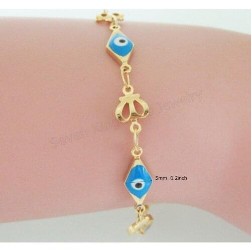 ORDER 10$ GET FREE SHIPPING/7.3"+1.8" LADY - YELLOW GOLD OVERLAY FILL BRASS EVIL EYE ENAMELED EVIL EYE CROWN LINK PART BRACELET