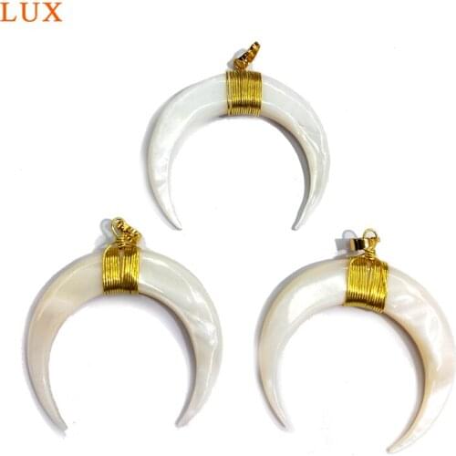 White Shell Crescent Moon Pendants Gold Electroplated plated Double Horn Charms wire wrap jewelry