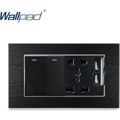 2 Gang 2 Way Switch With 5 Pin Socket 2 USB Charger Wallpad Luxury Wall Outlet Satin Metal Panel 146*86mm 5V 2400MA