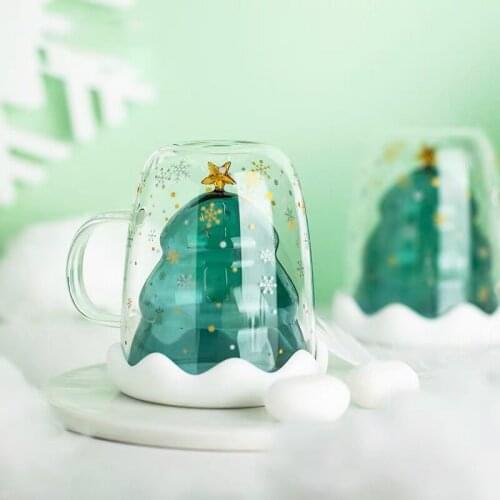 2020 Creative Christmas Glass Coffee Mug Christmas Tree Star Cup High Temperature Double Water Cup Xmas Party Gifts Travel Mug