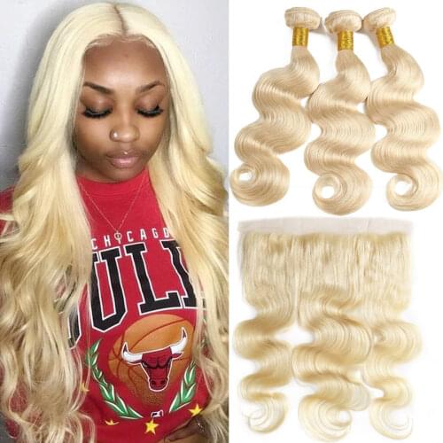 613 Bundles With Frontal Brazilian Body Wave Hair 3 Bundles With Closure Blonde Human Hair Bundles With Frontal 13x4 Ear To Ear