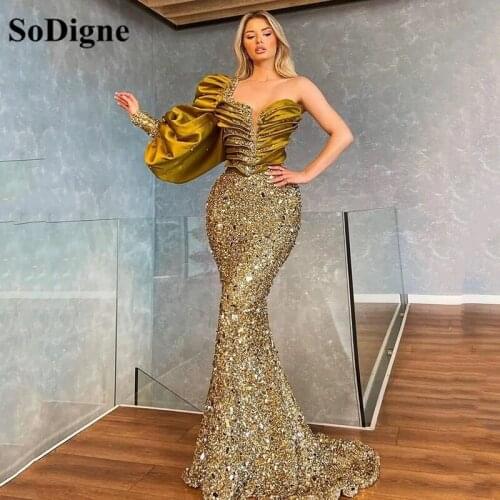 SoDigne One Shoulder Shinny Evening Dresses 2021 Beads Crystal Tiered Puff Sleeves Formal Party Dress Long Prom Gowns