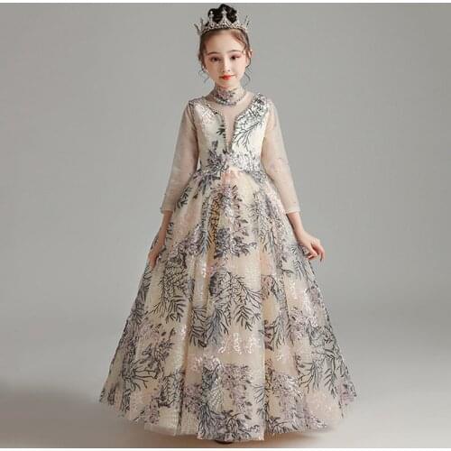 Flower Girl Dress Crystal Embroidery O-Neck Three Quarter Princess Floor-Length Tulle Lace Luxury Champagne Kids Party Gown H286