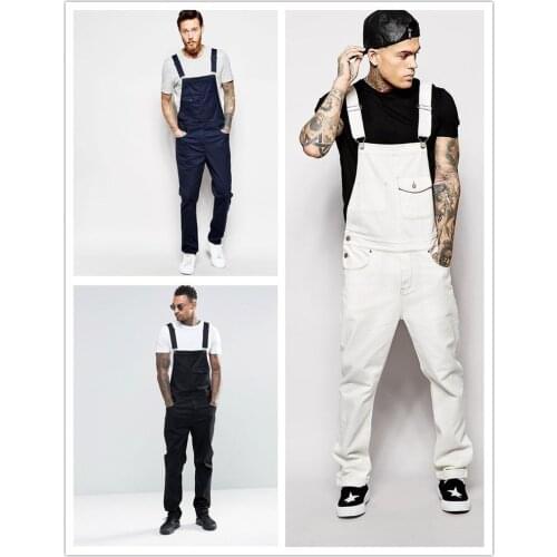 New Denim White Overalls Slim Mens Trousers New Europe and America Bib Men Spring and Autumn Casual Solid Color Mens Jeans