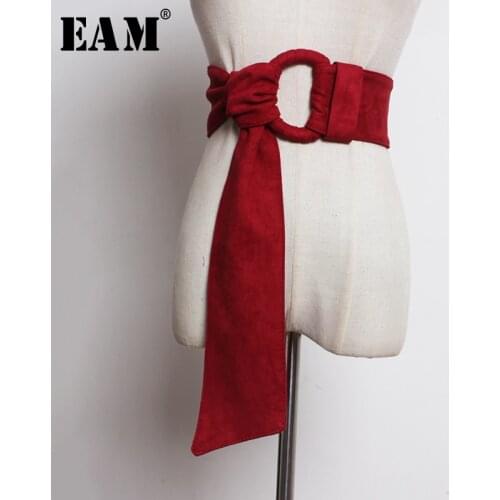 [EAM] Wine Red Suede Big Buckle Split Joint Long Wide Belt Personality Women New Fashion Tide All-match Spring 2021 1U212