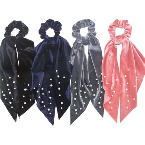 Flannel Velvet Pearl Hair Ribbon Elastic Hair Bands Headdress Shiny Soft Fabric Long Ribbon Hairbands Turban Headband Wholesale