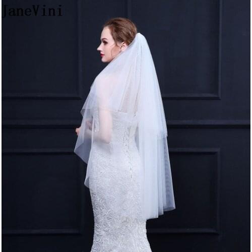 JaneVini Simple Cheap Ivory/White Wedding Veils Two Layers with Comb Elbow Length Veil Short Tulle Bridal Wedding Accessories