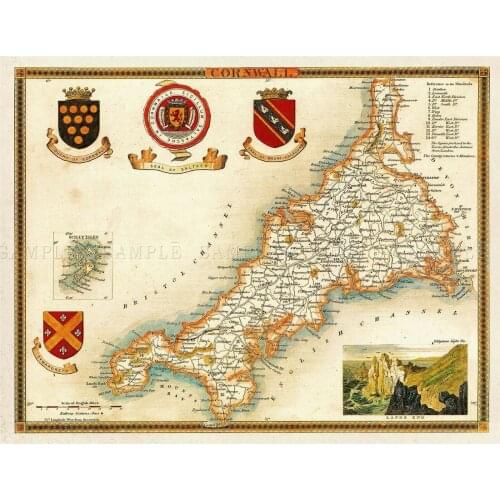 MAP MOULE 1850 CORNWALL COUNTY OLD LARGE REPLICA Art Silk Poster Home Wall Decor