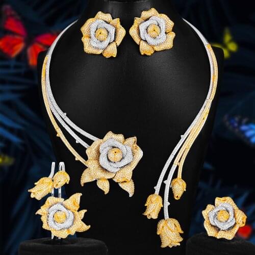 KellyBola Luxury Flowers Wedding Jewelry Sets Statement Noble Necklace Earrings Bangle Ring 4PCS For Women New Accessories