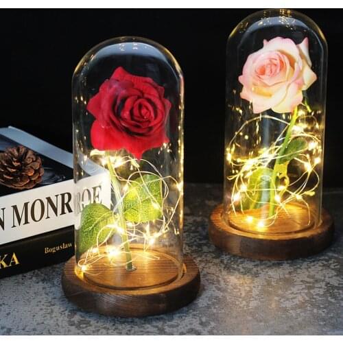 Beauty And The Beast Red Rose In A Glass Dome On Wooden Base For Valentines Gifts LED Rose Family Decoration Gift