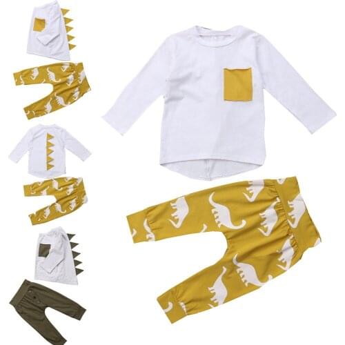 Fashion Casual Toddler Baby Boys Clothes 2PCS Long Sleeve Patchwork Pullover Sweatshirt Tops Dinosaur Print Pants Outfit 6M-5Y