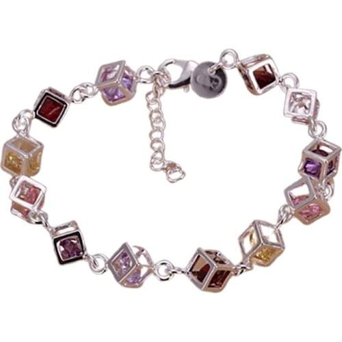 Fashion Women Silver Plated Cube Colorful CZ Bracelet Bangle Jewelry Gifts