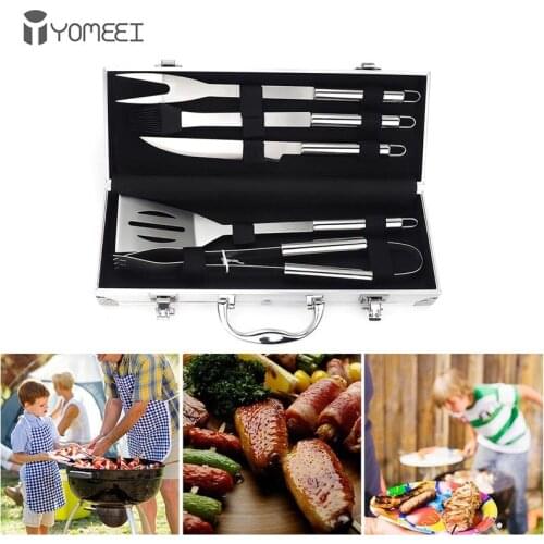 YOMEEI 5PCS Stainless Steel Barbecue Grilling Tools Set BBQ Utensil Accessories Camping Outdoor Cooking Tools Kit With Carry Bag