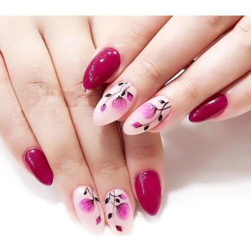 2021 New 3D Nail Art Stickers Bohemia Pink Flowers Black Branch Image Nails Stickers for Nails Sticker Decorations Manicure