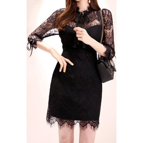 New arrival fashion korean style dress women elegant autumn sexy perspective temperament office lady solid a-line party dress