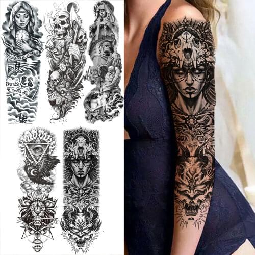 Tribal Lion Temporary Tattoos Sleeve For Women Men Realistic Fake Nun Devil Eye Skull Warrior Tatoo DIY Full Arm Tattoo Sticker