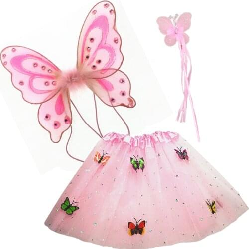 Pink Girl Butterfly Fairy Wing Skirt Magic Rods Wands Princess Animal Costume for Kids Dress Up Birthday Party Halloween Cosplay