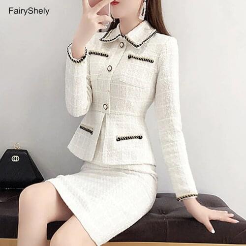 FairyShely Korean Woolen Mini Skirt Suit Women 2020 Autumn Winter Warm Slinky Office Suit Plaid Jacket Short Skirt 2 piece suit