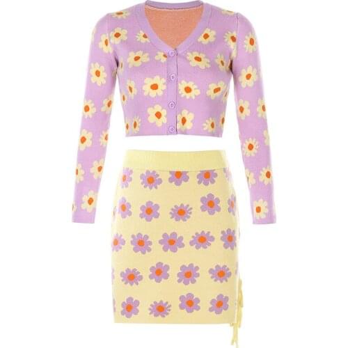 Sweet Floral Knitted Two Piece Set V-neck Long Sleeve Cardigans Tops and Bandage Mini Skirt Suit 2 Piece Set Vintage Outfit Fall