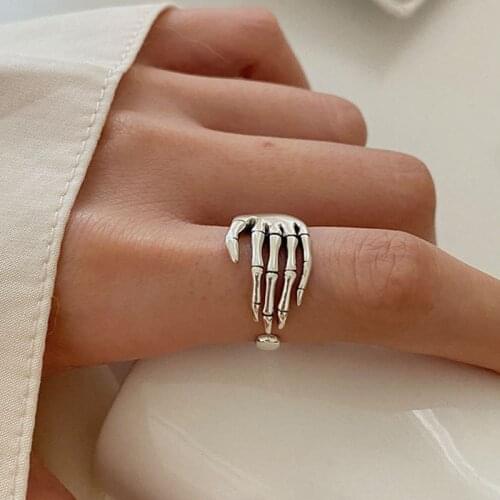Resizable 925 Sterling Silver Ring Trend Punk Rock Vintage Creative finger ring Skeleton Hand Loop Party Jewelry for Women Gift