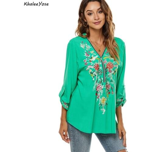 KHALEE YOSE Green Floral Embroidery Blouse Shirt Cotton Summer Mexican Shirt Long Sleeve Plus Size 2xl 3XL Ethnic Ladies Shirt