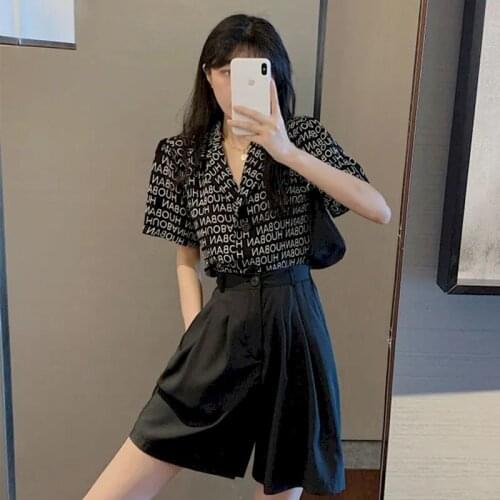 2021 Summer New Womens Suits Letter Shirt Printed Suits Large Size Loose Short Sleeve Blouse Shorts Two Piece Sets Women Shirts