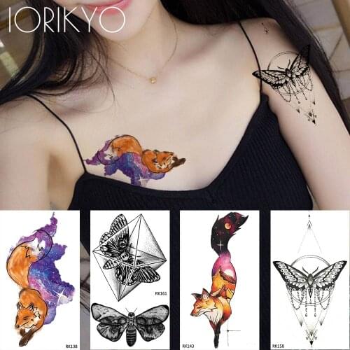 IORIKYO Women Sexy Galaxy Fox Temporary Tattoo Stickers Black Solid Moth Geometric Fake Tatoos Girls Body Arm Waterproof Tattoo