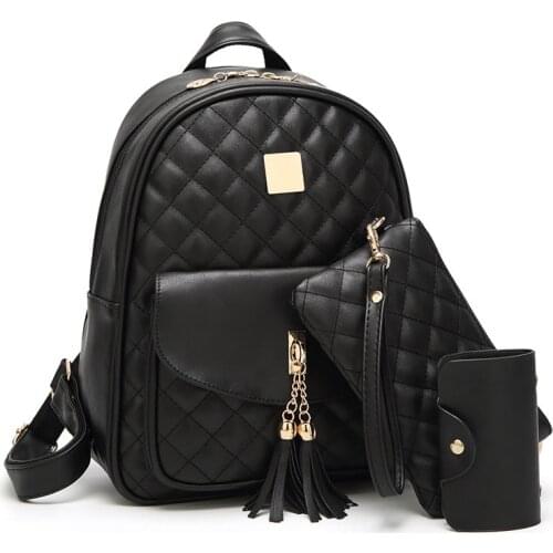 3 Pcs Women Backpack For Girls Backpacks Tassel Backpacks Female Fashion Girls Bags Ladies Black Backpackt Mini Purse Phone Bag