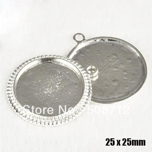 Free shipping!!! 100pcs 25mm 1'' Silver Plated Lace Pendant Trays,Cabochon Settings, Pendant Base,Cameo Blanks,32mm-25mm