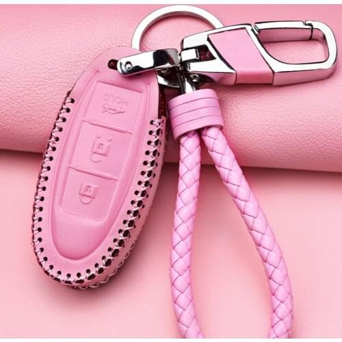 Pink Leather Car Key Fob Case Cover Holder for Nissan Remote Shell with Keychain
