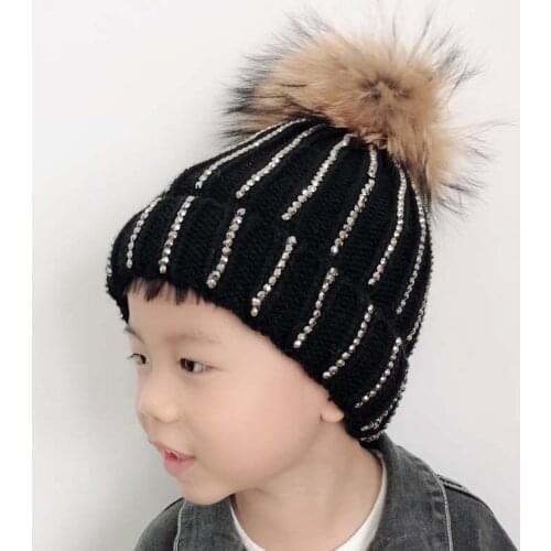 Rhinestone Beanie Cap Children Velvet Fleece Inside Winter Hat For Kids Real Raccoon Fur Pompom Hat