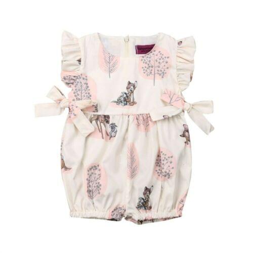 0-24 Months Baby Summer Romper Deer Trees Patterns Ruffle Sleeve Waist Bows Outfit Back Zipper Up Soft Jumpsuit Cute Daily Wear