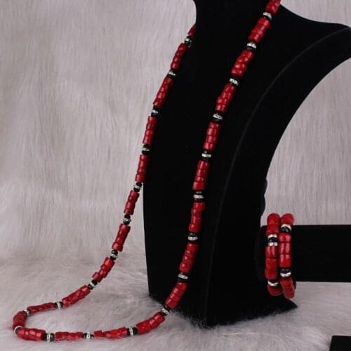 Dudo Genuine Mens Nature Coral Beads For Nigerian Weddings Long Design Groom Necklace Bracelet Set Red / Orange / Green