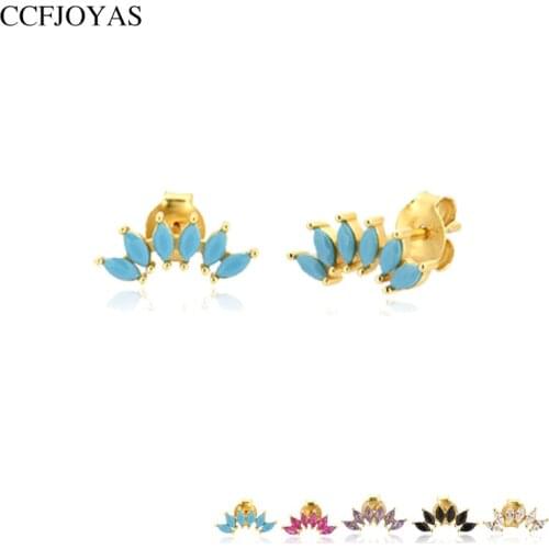 CCFJOYAS Minimalist 925 Sterling Silver Six Ovals Zircon Stud Earrings white/black/turquoise/purple CZ Gold Earring Jewelry