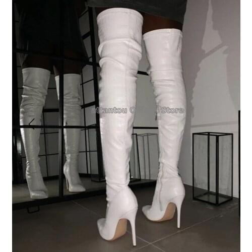 Fashion White Croc Print Thigh High Stiletto Boots Women Pointed Toe Over The Knee Thin High Heeled Night Club Boots Woman