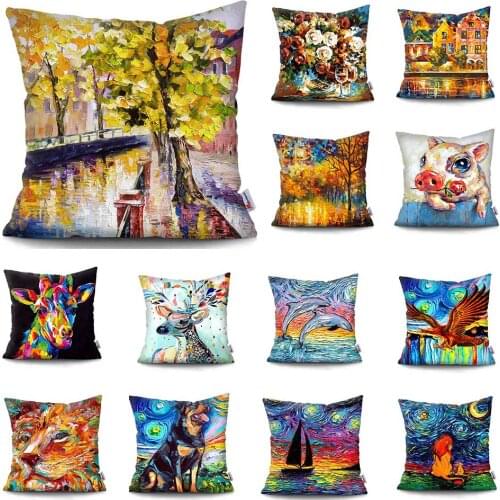 Fashion Oil Painting Cushion Cover Cartoon Pet Printed Cushion Covers Polyester Throw Pillow Case Home Decoration Pillowcase