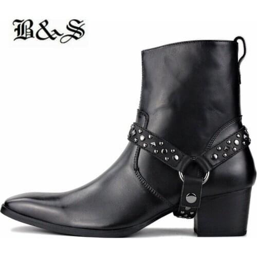 Black& Street Plus size Men Buckle Strap Genuine Leather cowhide luxury Chelsea Men Pionted Toe Boots handmade cowboy denim Boot