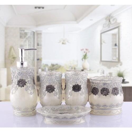 Lace Bathroom Accessories Set Resin Bathroom Five Pieces Kit Toothbrush Holder Wedding Gift Soap Dish Soap Dispenser