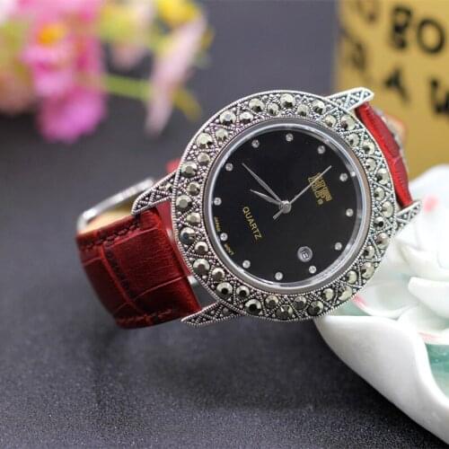 New Arrival S925 Pure Silver Lover`s Watch Leather Band Classical Lovers Thai Silver Bracelet Thailand Process Rhinestone Bangle