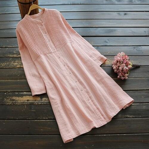 New spring autumn womens cotton yarn dress long sleeve retro large size loose stand collar midi dress 2020