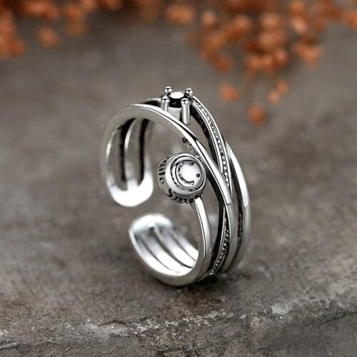 Punk Hip Hop Smile Face Rings For Men Women Black CZ Stone Distressed Ancient Silver Color Geometric Open Ring Accessories Gifts