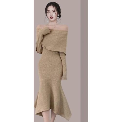 Sheer Autumn Winter Knitted Sweater Dress Woman Long Sleeve Slash Neck Elegant Dresses for Women Party Wrap Midi Ruffle Dress
