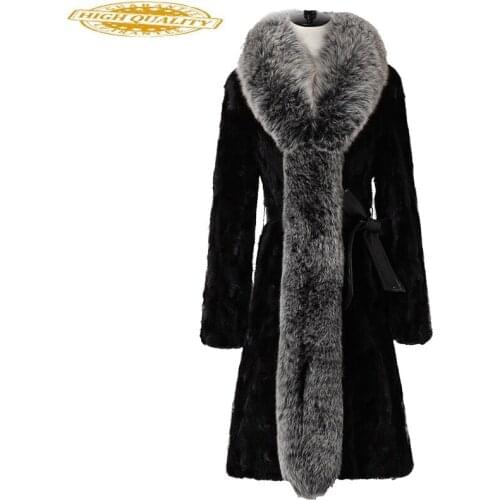 Luxury Mink Coat Female 2020 Women Long Fur Coats from Natural Fur Large Fox Fur Collar Womens Winter Jacket 21019