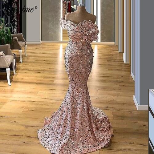 Pink One Shoulder Sequins Mermaid Evening Dresses 2020 Handmade Flower Party Gown Long Abendkleider African Prom Dress Vestidos