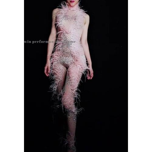 Pink feather female stage bodysuit costume ballroom wears pole dance dress sexy jumpsuit sleeveless rhinstone clothes