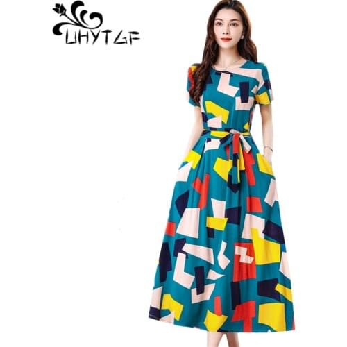 UHYTGF Fashion Womens 5XL Plus Size Dress Short Sleeves Cotton Silk Printed Summer Dress Soft Comfortable Big Swing Dresses 2118