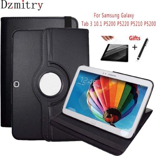 360 Degree Rotating PU Leather Case For Samsung Galaxy Tab 3 10.1 SM-P5200 P5220 P5210 Tablet Stand Flip Cover shell+film+pen