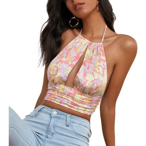 Hot Sexy Halter Backless Wrap Crop Top for Women Fashion Patchwork Summer Tie Up Festival Tops Streetwear