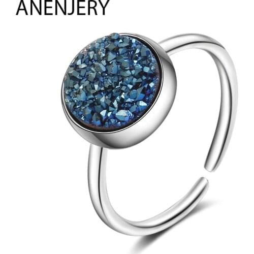 ANENJERY 925 Sterling Silver Round Kyanite Irregular Stone Rings For Women Adjustable Ring S-R466