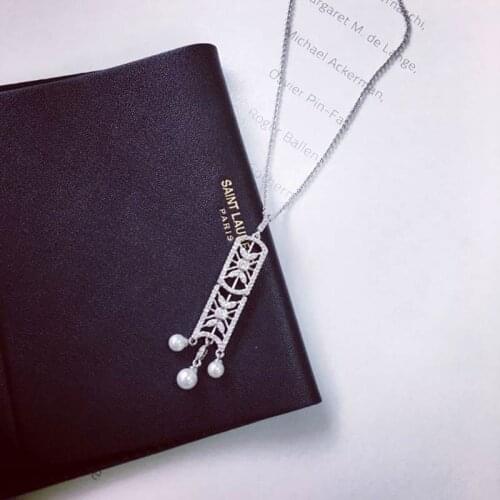 Womens luxury long pendant necklace silver shield design hollow out necklaces with rhinestone pearl decoration jewelry #NL029